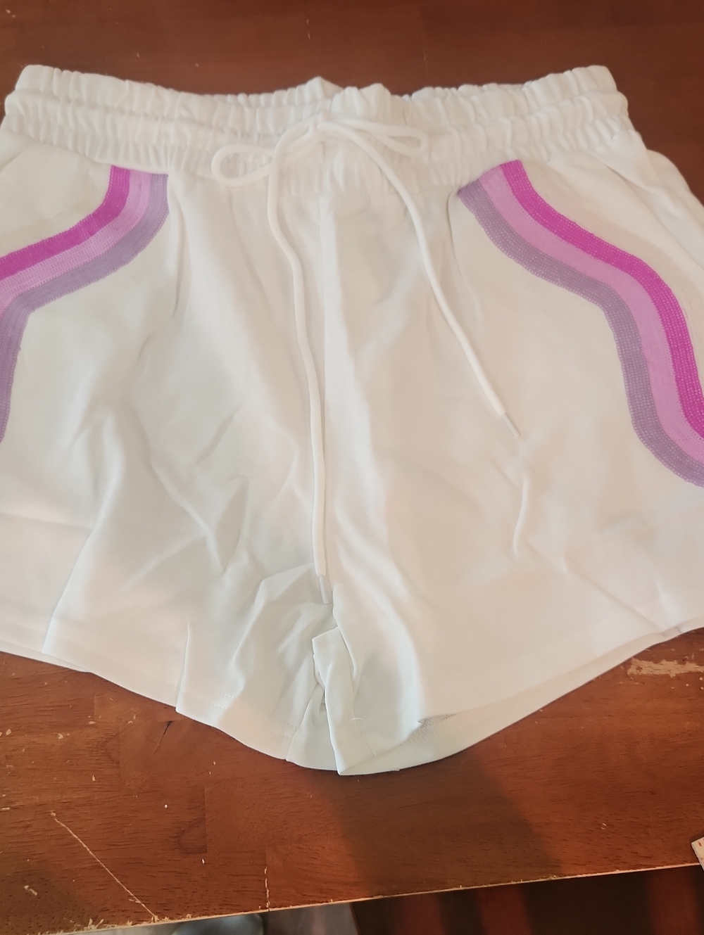white birch White Athletic Shorts with Pink & Purple Stripe Accents NWT